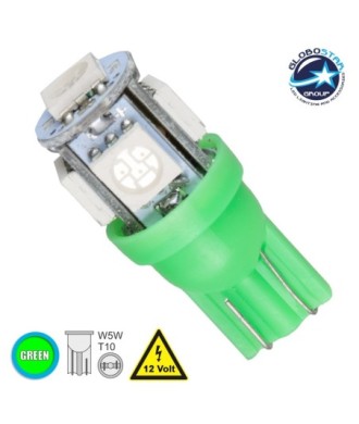 GloboStar® T10 W5W 81052 Λάμπα Αυτοκινήτου LED 5xSMD5050 1.3W 80lm 360° DC 12-16V IP20 Φ1.2 x Υ2.7cm Πράσινο